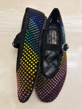 Kurt Geiger Black Mary Jane Flats with Rainbow Crystal Studs